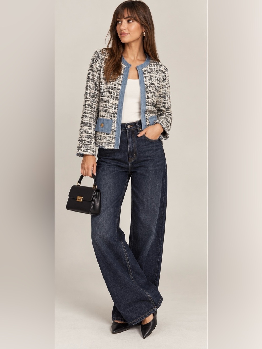 Tweed Cardigan Open Front Jacket Blue/Gray Textured Knit Chambray Trim Size S